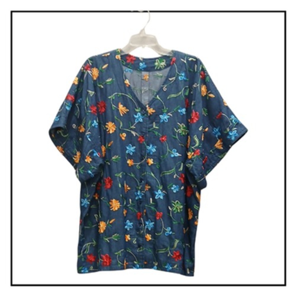Handmade Tunic Blouse Womens One Size Plus 4XL Blue Embroidered Floral Kimono